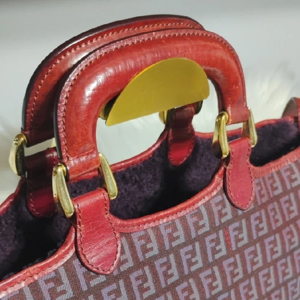 SALE! Fendi Zucchino Canvas Leather Purple/Red Color Combination 2Way & Dust Bag - Picture 5 of 16